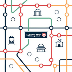 Minimalist subway map illustrative design with stations and train icon on white background