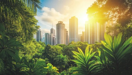 Lush parkland frames modern city skyline at sunset