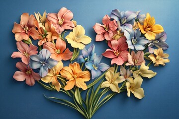 Colorful paper flowers in a heart shape on a blue background