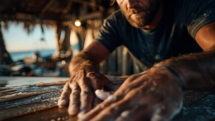 Artisan carefully works a wooden board in a sunlit beach workshop - Powered by Adobe