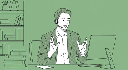 Illustration of a businessman with a headset during a video conference. Male call center operator working at his desk in an office.