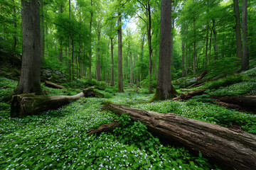 Lush Green Forest Floor Covered in Delicate White Flowers Fallen Logs and Tall Trees Sunlight Filtering Through Canopy