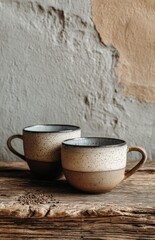 Two handmade ceramic mugs sitting on rustic wooden table