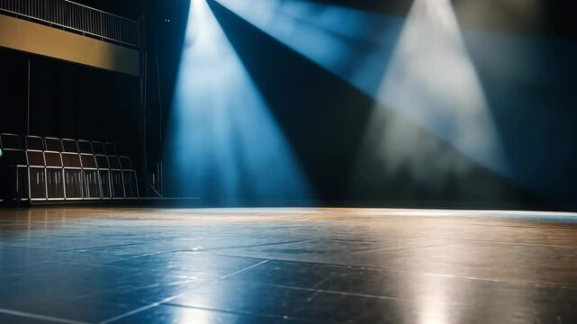 Dramatic theater stage with moving spotlight and eerie atmosphere