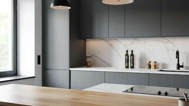 Modern kitchen interior design featuring sleek dark grey cabinets, elegant white marble backsplash and countertop, and a practical wooden island.