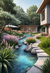 Obraz premium little river in modern houses garden