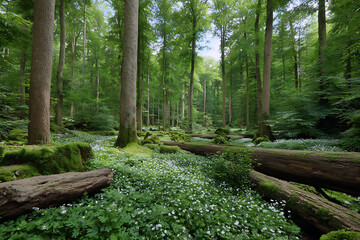 Lush Green Forest Scene with Fallen Logs Moss Covered Trees and White Flowers Abundant Springtime Nature