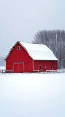 Red Barn Amidst Snowy Farmland Landscape 