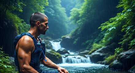 Fototapeta premium Muscular Man Resting by Waterfall in Rain