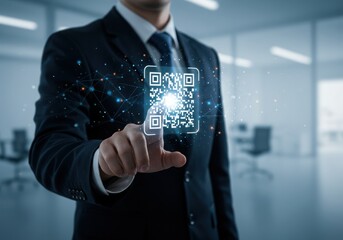 Businessman interacting with a glowing digital qr code on a transparent background isolated on transparent background