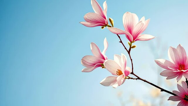 Blossoming pink magnolia flowers swaying gently against clear blue sky