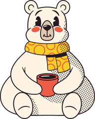 Retro winter bear drinking coffee