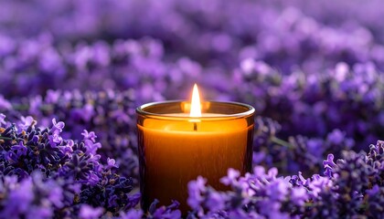 Burning candle in lavender field