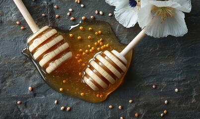Honey Drizzled On Dark Stone Surface With Honey Dippers And White Flower