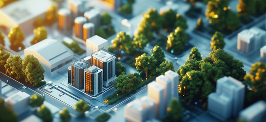 Modern urban landscape with high-rise buildings and lush greenery in miniature style.
