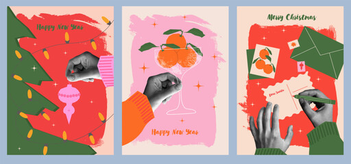 Happy new year 2026 design. With hands holding glass of champagne and toy. Colorful collage style illustrations. Vector design for poster, banner, greeting and merry christmas 2026 celebration.