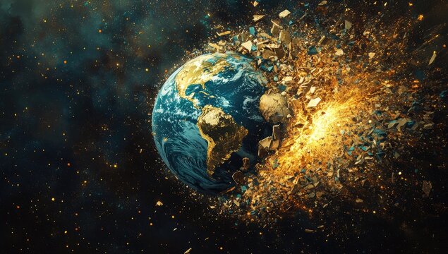 Earth shattering; planet explodes in space