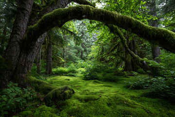 Obraz premium Lush Green Mossy Forest Scene with Overhanging Trees and Deep Shadows creating a Mystical Atmosphere