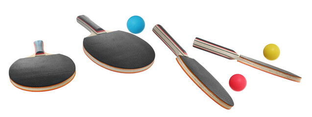  Set ping pong rackets with colorful balls flying, isolated on white background, sport, clipping path