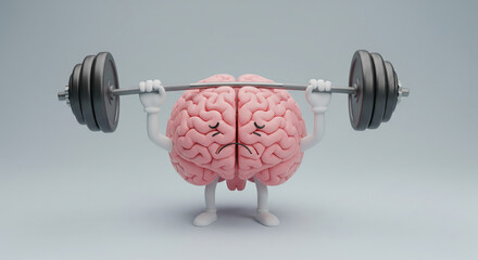  Cute cartoon brain struggling to lift a heavy barbell, symbolizing mental strength, cognitive exercise, and intellectual challenges.