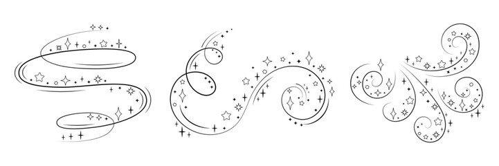 Magic Swirl Sparkle Elements Set. Hand Drawn Decorative Star Trails and Swirls for Fairy Dust, Fantasy, Magic Wand, and Celestial Design Projects