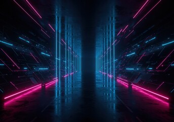 Futuristic neon tunnel with blue and pink lights on transparent background isolated on transparent background