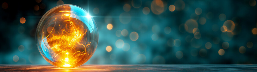  Futuristic glowing energy sphere with electric patterns and light reflections on abstract blue bokeh background. Copy space