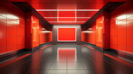Modern red metro station corridor with glossy tiles, illuminated panels, and centered blank advertising billboard. Copy space