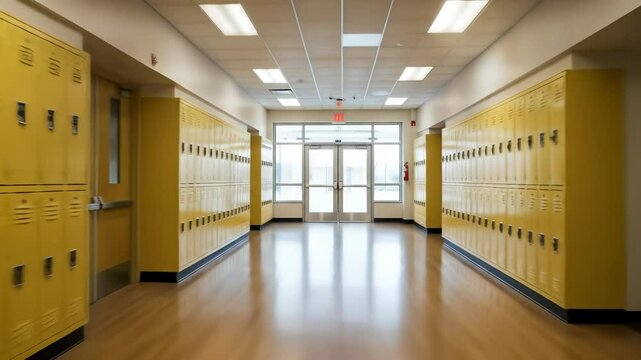 Empty school hallway lined with bright yellow lockers, stretching towards modern glass exit doors, brightly illuminated, reflecting a clean interior for education.