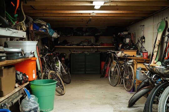 Cluttered basement storage room filled with various gear