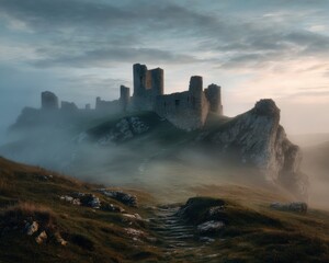 Fototapeta premium Misty morning at a stone castle ruin. A path leads towards the mysterious structure.