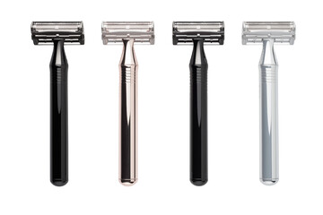 Metallic razors in black, silver, and gunmetal present grooming and shaving implements 