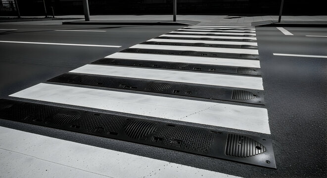Monochrome Crosswalk Design With Speed Bumps For Traffic Calming On Asphalt