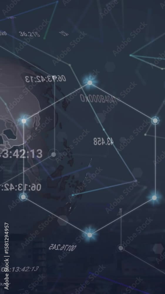 Poster animation of changing numbers around globe and connected dots hexagons over abstract background