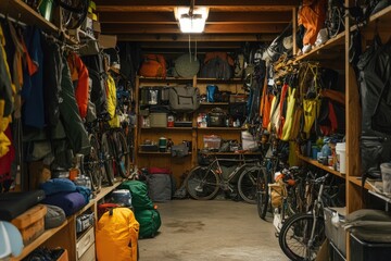 Fototapeta premium Packed storage room, filled with outdoor gear