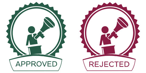 Approved and rejected stamp icons with people and megaphones