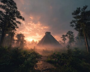 Obraz premium Ancient pyramid shrouded in morning mist, bathed in the warm glow of sunrise. A mystical scene.