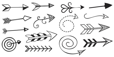 Arrow sketch icon set with spirals and curves