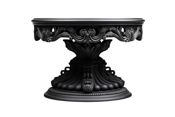 Ornate black pedestal table with carvings exhibits artistic furniture design  element isolated on transparent background.
