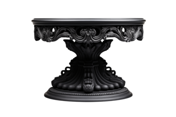 Ornate black pedestal table with carvings exhibits artistic furniture design  element isolated on transparent background.