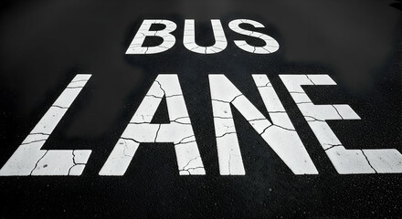 Obraz premium High-Angle Shot of White Bus Lane Signage Painted on Asphalt Road in Black and White