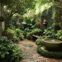 Serene courtyard garden with lush greenery, brick pathway, and a tranquil water feature.