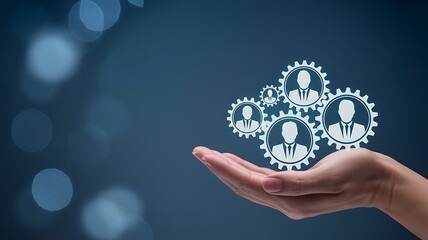 Human hand supporting interconnected team gears palm up