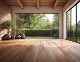 Obraz premium empty room of modern contemporary loft with wooden floor and large windows to garden copy space generative ai