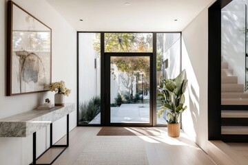 Bright, modern hallway with large windows