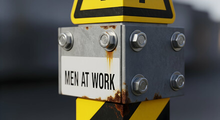 Men At Work Warning Sign With Yellow And Black Stripes In A Construction Site