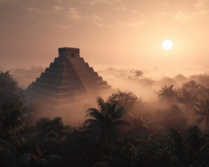 Ancient pyramid shrouded in morning mist, bathed in warm sunrise light. A scene of mystery and wonder.