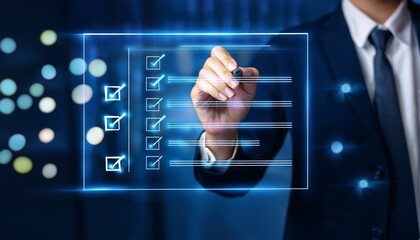 digital checklist completion hand marking tasks on a glowing transparent board representing productivity efficient planning and business solutions