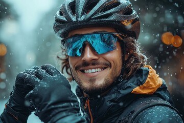 Smiling cyclist in snow-covered mountain terrain wearing winter gear and sunglasses