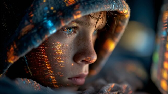 boy studying math in cozy bedroom with screen glow